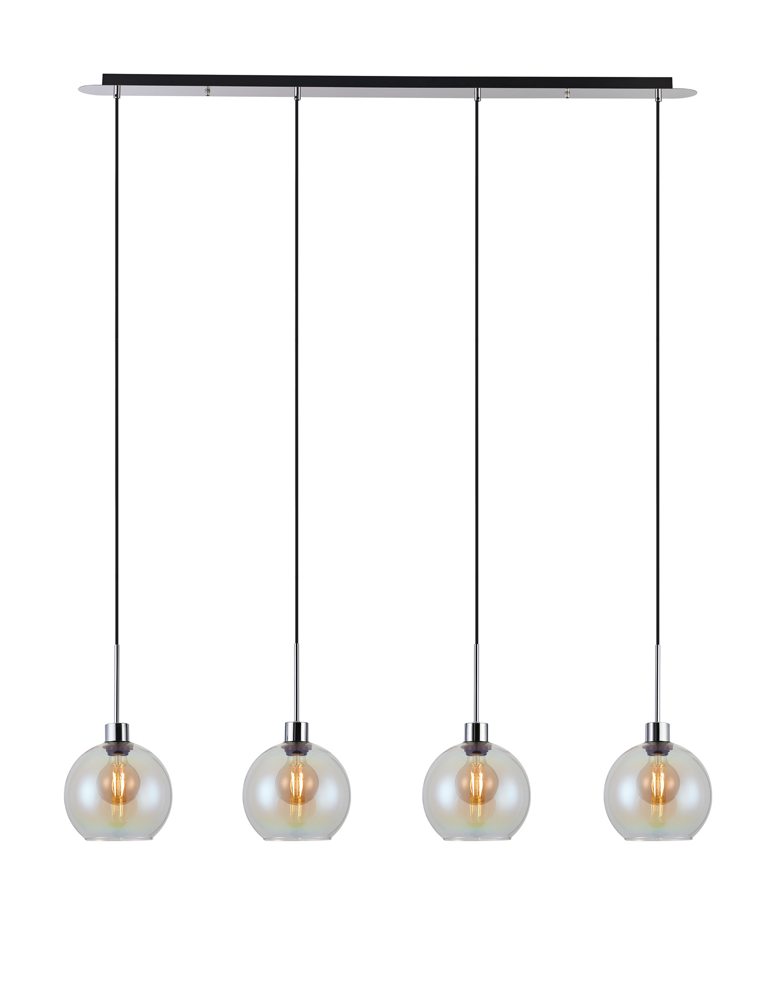 DK1321  Lori Linear Pendant, 4 Light Adjustable E27, Polished Chrome/Iridescent Open Mouth Round Globe Shades